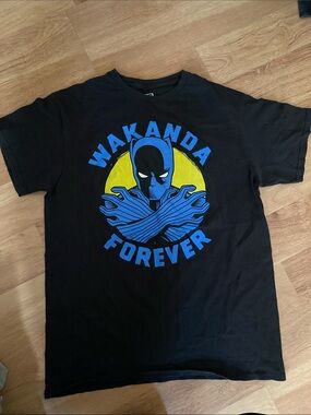 Marvel Wakanda Forever Black Tee with Blue and Yellow Graphic